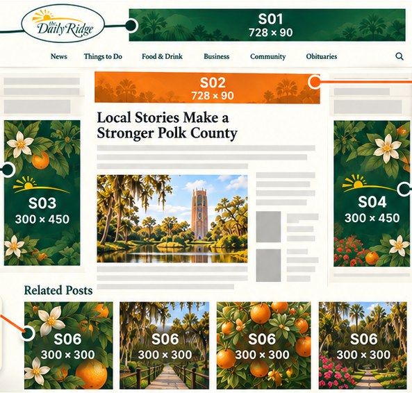 A DailyRidge article page on a laptop with every ad slot labeled: S01 top banner beside the logo, S02 above the headline, S03 and S04 tall banners in the side columns, and four S06 tiles under Related Posts.