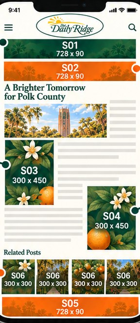 A DailyRidge article page on a phone with every ad slot labeled: S01 and S02 above the headline, S03 mid-article, S04 at the end of the article, four S06 tiles under Related Posts, and the S05 sticky footer at the bottom of the screen.