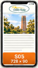 A phone with the orange S05 sticky footer ad pinned to the bottom of the screen.